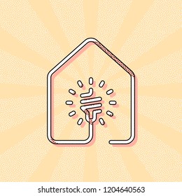 house with led eco lamp icon. line style. Vintage retro typography with offset printing effect. Dots poster with comics pop art background