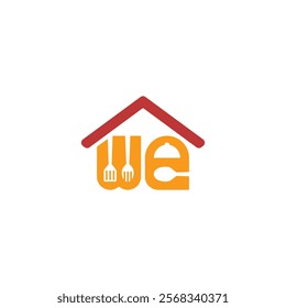 house with the letters 'we' inside, where the 'w' is formed by a fork and spoon, and the 'e' is formed by a plate and spoon, symbolizing a food-related service or business