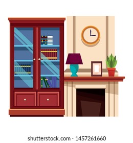 House library and chimney with light lamp pictures and plant pot vector illustration graphic design