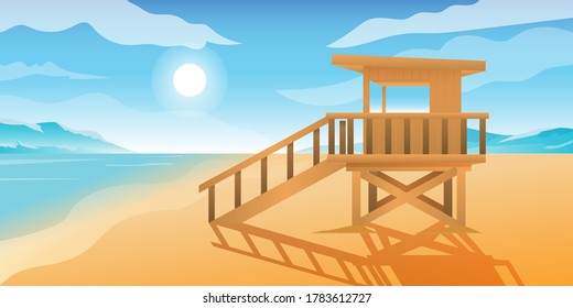 House Life Guard In Beach With Mountain Background Cartoon Illustration svg
