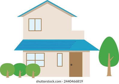 House with light blue roof and plants