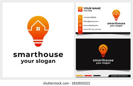 House and light bulb lamp logo design combination, smart logo with home building icons and business card design template