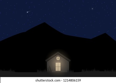 House light in mountain at night. Vector Illustration.