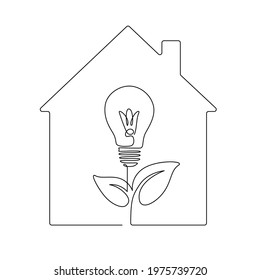 House And Lightbulb Like A Plant In One Line Drawing. Save Energy Concept In Minimalistic Style And Editable Stroke. Can Used For Logo, Emblem, Slide Show And Banner. Vector Illustration