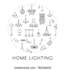 House Lighting Design in Thin Line Style. Set of  Lamps and Chandeliers Linear Icons. Vector illustration.