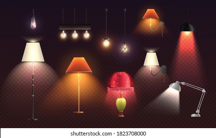 House lighting lamps realistic transparent set of isolated designer lampshades of different colour with light spots vector illustration