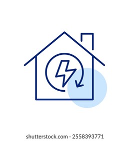 House, lightning and arrow. Sustainable power, use of alternative energy sources, renewable electricity and green living. Pixel perfect, editable stroke icon