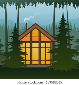House with lights on in an evening forest scene. Vector illustration