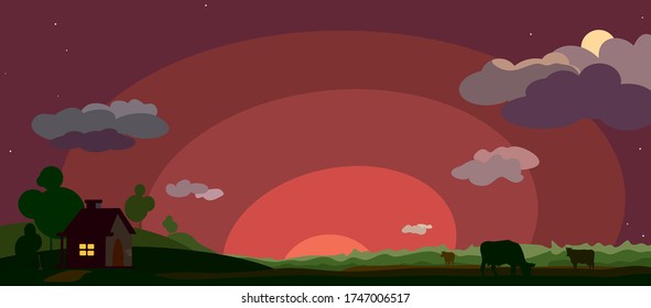house with the lights on in the window against a landscape with silhouettes of cows grazing on the field until late in the evening. rural landscape at sunset