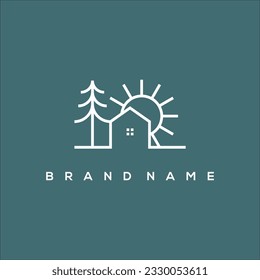 House line art icon logo with pine tree and sun