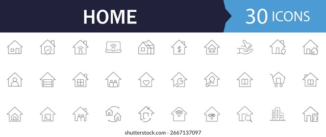 Symbolsatz für bearbeitbare Hauszeile. Sammlung von Immobilien Linear Icons, Einschließlich Haus, Gebäude, Kauf, Vermietung, Eigentum, Adresse, Darlehen, Haus, Schlüssel, kaufen, verkaufen, Hypothek und mehr. Vektorgrafik.