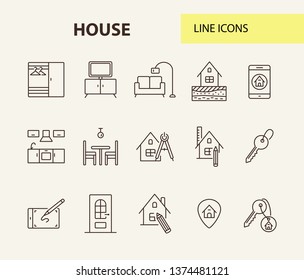House line icon set. Interior, living room, key. Housing concept. Can be used for topics like real estate purchase, renovation, household
