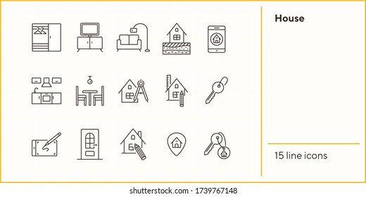Juego de iconos de la línea de la casa. Interior, sala de estar, llave. Concepto de vivienda. Se puede usar para temas como compra de bienes raíces, renovación, hogar
