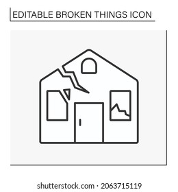 House line icon. Smashed house. Destroyed roof and windows. Need repair. Vandalism. Broken things concept. Isolated vector illustration. Editable stroke