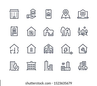House line icons. Town houses city buildings and constructions, homepage browser interface icons. Vector illustration real estate symbols residential area and homes security key sign set