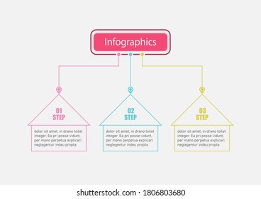 The house line vector design template flow chart graphic. Planning presentation business infographic template with 3 options. Creative concept plan used for web banner, diagram, layout, workflows.