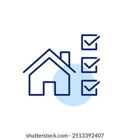 House with list of checkmarks next to it. Real estate inspection or appraisal. Pixel perfect, editable stroke icon