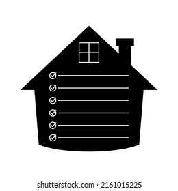 Casa con lista para registros. Plantilla de diseño. Ilustración vectorial sobre fondo blanco. Silueta de la casa negra con líneas blancas y marca de verificación.