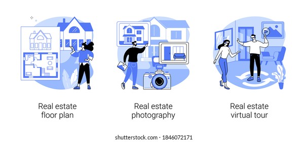 Conjunto de ilustraciones vectoriales de concepto abstracto de la lista de la casa. Plano de piso inmobiliario, fotografía de la casa y recorrido virtual, montaje virtual, publicidad de agencia de bienes raíces, videocasetera con metáfora abstracta.