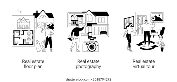 House listing abstract concept vector illustration set. Real estate floor plan, house photography and virtual tour, virtual staging, realty agency advertisement, video walk-through abstract metaphor.