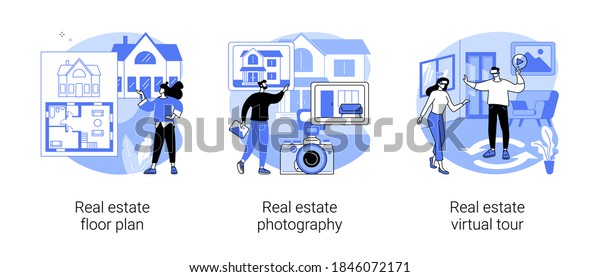 House listing abstract concept vector\
illustration set. Real estate floor plan, house photography and\
virtual tour, virtual staging, realty agency advertisement, video\
walk-through abstract\
metaphor.