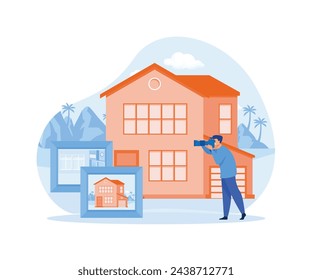 House listing concept. House real estate virtual tour, virtual staging, realty agency advertisement, video walk through abstract metaphor. flat vector modern illustration