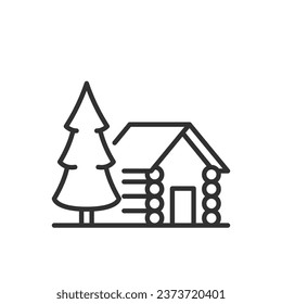 A house for living in nature, linear icon. Log house and wood. A house in the forest. Line with editable stroke
