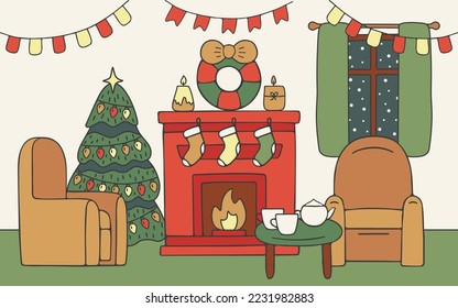 House living room with fireplace and tree, interior with furniture decorated for holiday. Inside house stand spruce, armchair and home fire. Card on winter holiday. Vector illustration