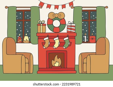 House living room with fireplace and wreath of tree, interior with furniture decorated for Christmas holiday. Inside house with gifts, home fire. Card on winter holiday. Vector illustration