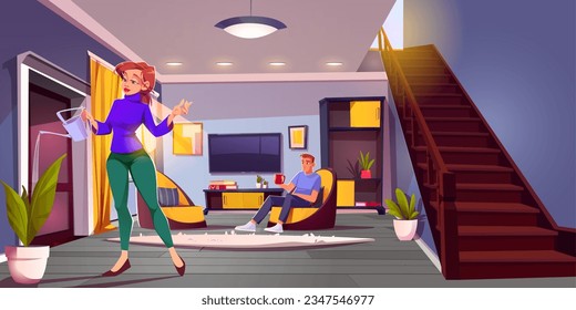 Interior de la sala de estar de la casa con escaleras y fondo vectorial de la pareja. Muebles de sala de estar dentro y planta de agua de mujer con embudo. Hombre sentado en un sillón amarillo ilustración moderna de un apartamento