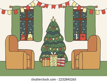 House living room with tree and gift, interior with furniture decorated for holiday. Inside house stand spruce, armchair. Card on winter holiday. Vector illustration