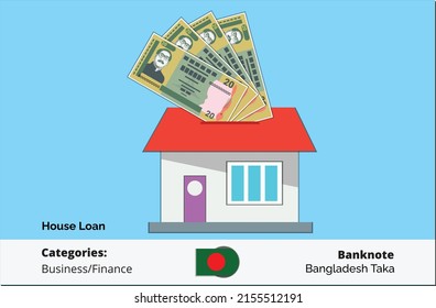 House loan with Bangladesh Taka BDT 20 Twenty Banknotes vector illustration and Make House 
