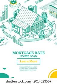 House Loan or Money Investment to Real Estate. Mortgage Rate. Vector Illustration. Isometric Outline Concept with Residential Building.