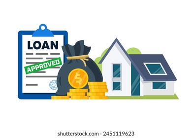 House loan or mortgage vector illustration. House, Document and Money Bag. Real estate business.