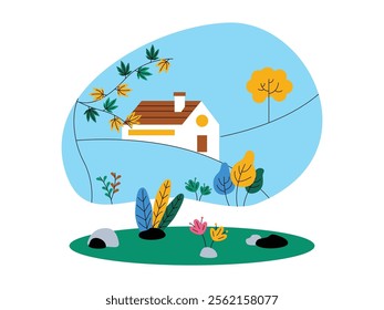 A house is located in a large yard and filled with trees, bushes, and brightly colored flowers, a calm and peaceful atmosphere of a beautiful countryside, vector illustration of an ecosystem.