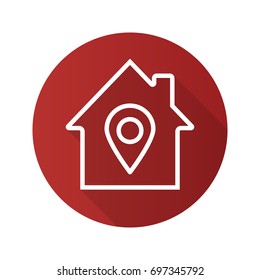 House location flat linear long shadow icon. Home building with map pinpoint inside. Vector outline symbol