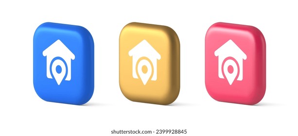 Ubicación de la casa Ruta GPS distancia del botón de navegación del mapa del puntero dirección 3d realistas oro azul e iconos rosados. aplicación web de búsqueda del sistema global del hotel inmobiliario