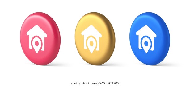 House location GPS route button distance navigation map pin pointer address direction 3d realistic blue gold and pink icons. Real estate hotel global system searching web application