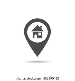 House location icon. Drop shadow map pointer silhouette symbol. Real estate pinpoint. Home nearby. Vector isolated illustration