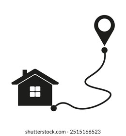 House location icon. Pinpoint with path. Vector home navigation concept. Simple black silhouette.