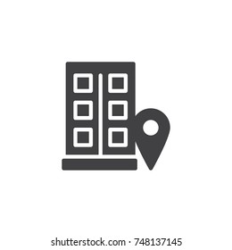 House location icon vector, filled flat sign, solid pictogram isolated on white. Office building with map pin symbol, logo illustration