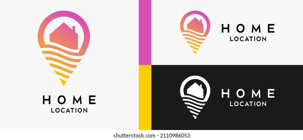 house location logo design template with house icon element concept in wave art. pin logo illustration, map, location, home, house, icon, building Premium Vector