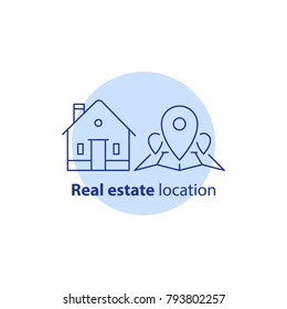 Ubicación de la casa, punto de conexión del mapa, servicios inmobiliarios, reubicación del hogar, distrito residencial, concepto de barrio, icono de línea vectorial