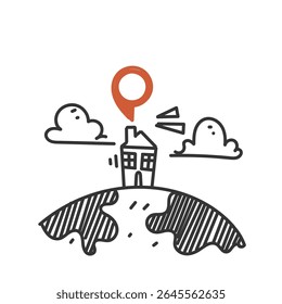 house location on map in doodle sketch