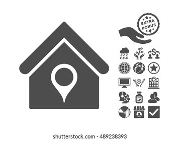 House Location pictograph with bonus clip art. Vector illustration style is flat iconic symbols, gray color, white background.