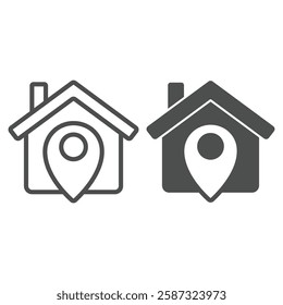 House with location pin line and solid icon, housing market concept. Vector graphics. Cottage building on map sign on white background, outline style icon for mobile or web design