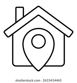 House with location pin thin line icon, housing market concept. Vector graphics. Cottage building map pinpoint, marker sign on white background, linear style for mobile or design