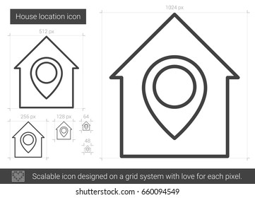 Icono de línea vectorial de ubicación de la casa aislado en fondo blanco. Icono de la línea de ubicación de la casa para infografía, sitio web o aplicación. Icono escalable diseñado en un sistema de cuadrícula.