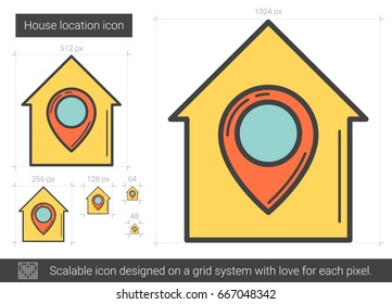 Icono de línea vectorial de ubicación de la casa aislado en fondo blanco. Icono de la línea de ubicación de la casa para infografía, sitio web o aplicación. Icono escalable diseñado en un sistema de cuadrícula.