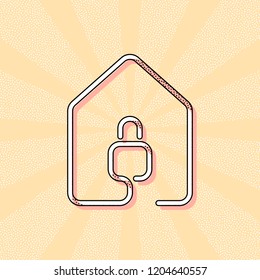 house with lock icon. line style. Vintage retro typography with offset printing effect. Dots poster with comics pop art background